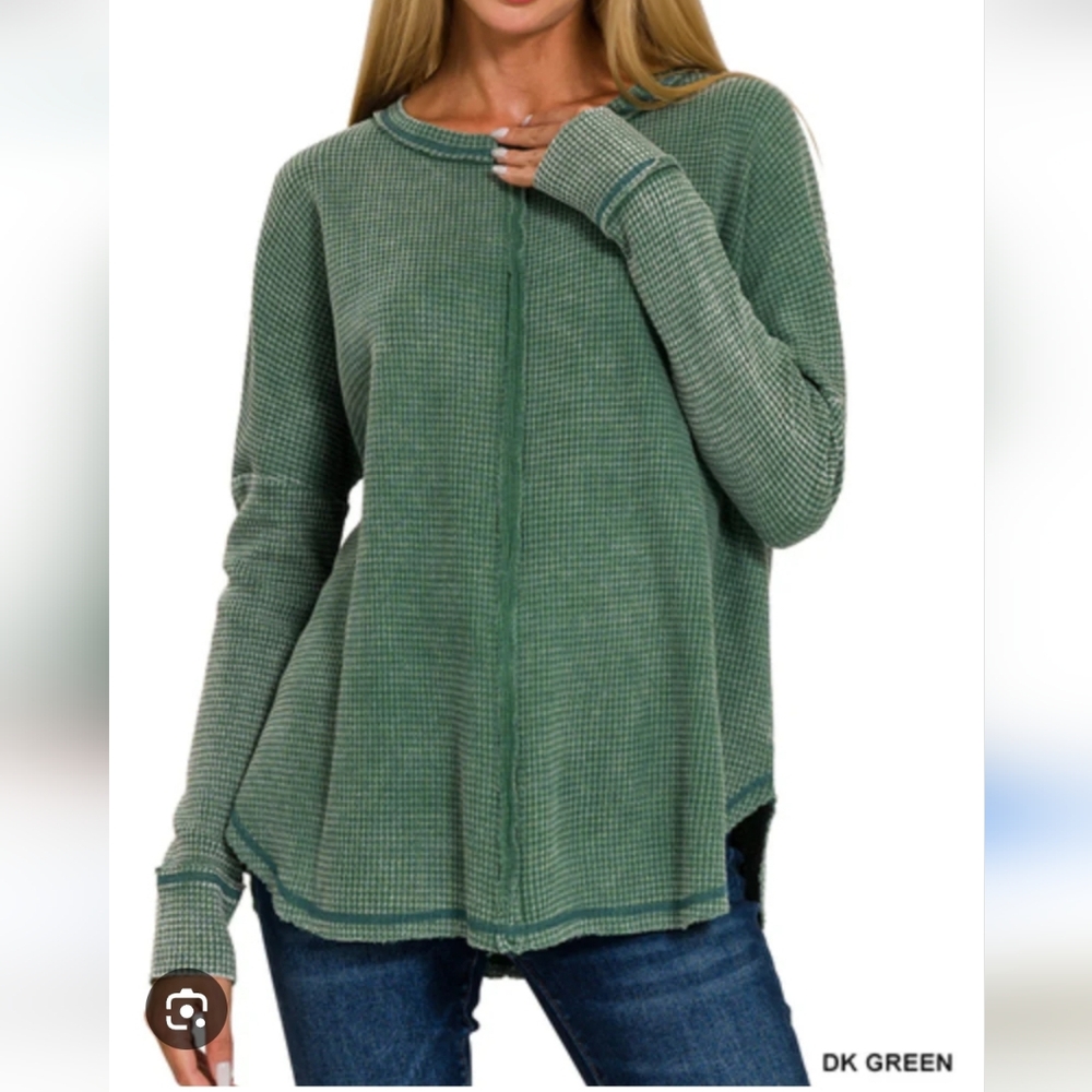 Zenana Mineral Wash Waffle Oversized Cut Edge Top in A green shade. SIZE MEDIUM - Picture 9 of 9